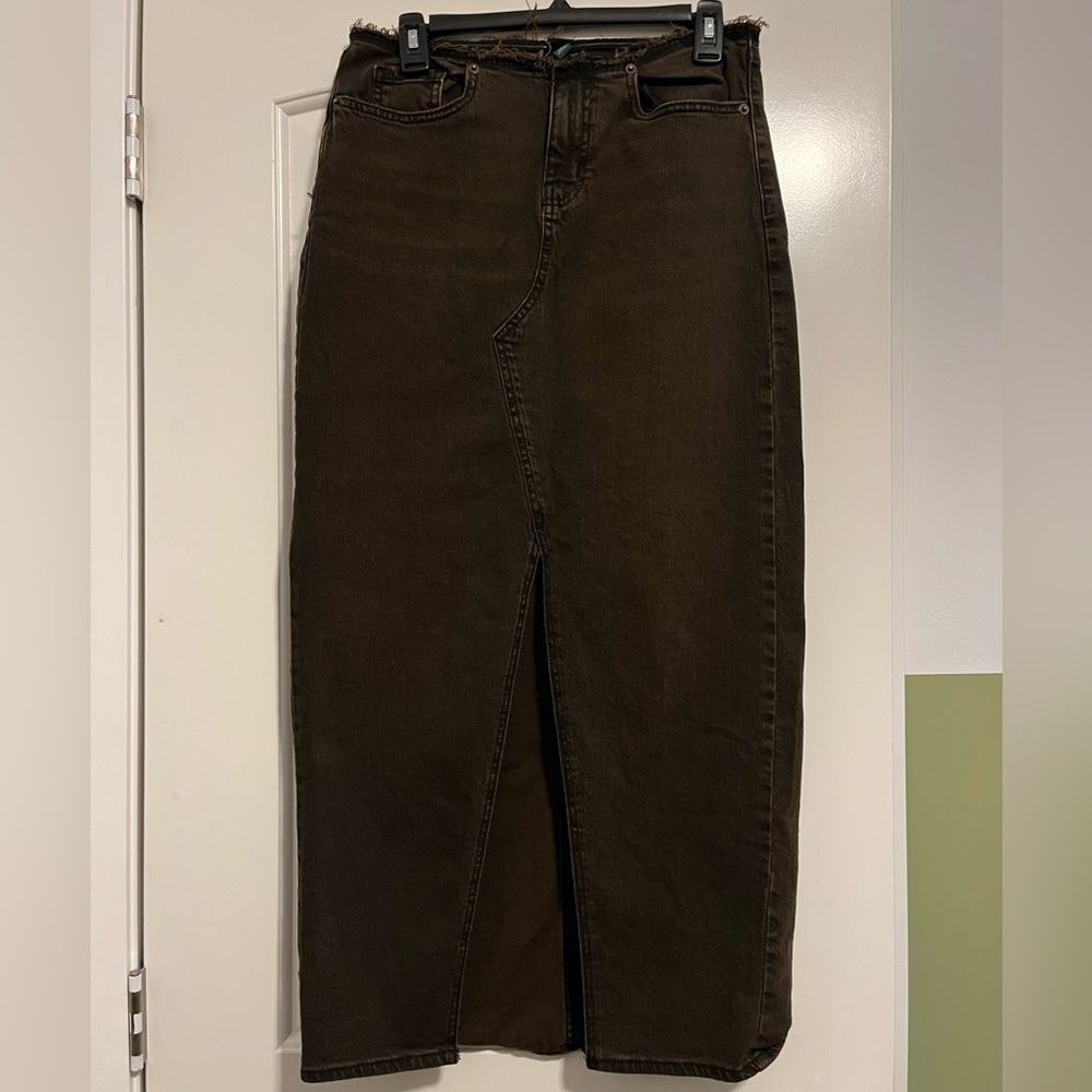 Brown Frayed Denim Skirt